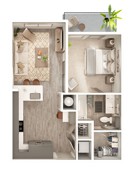 Floor plan for 1 bed, 1 bath, 649 sqft